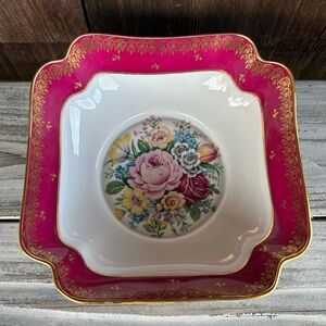 Vintage French Floral Pink Ornate Square Bowl with Gold Trim. Limogues France